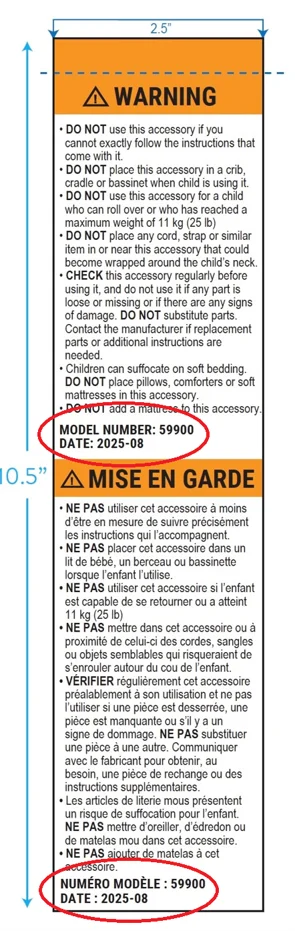 Product warning label with model number location